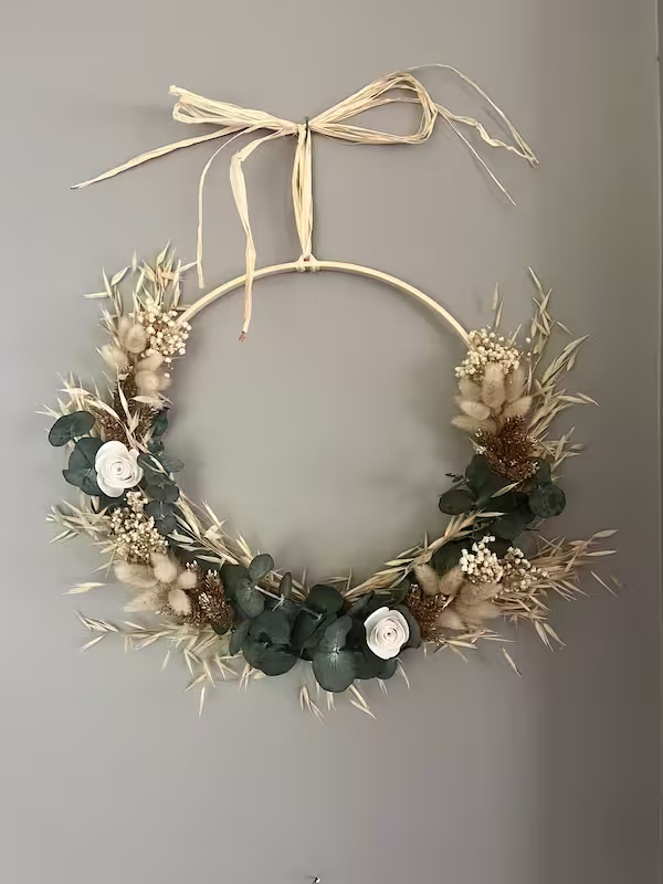 Couronne 30 cm naturel blanc doré Roz'Art Créations Couronne 30 cm naturel blanc doré Roz'Art Créations